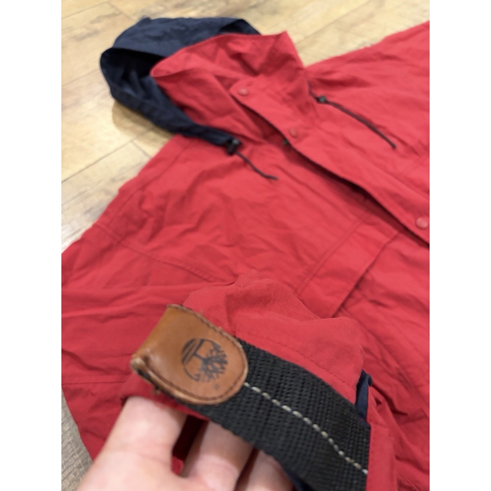 Vintage 90s Timberland Windbreaker Jacket Leather Trim Red Large Hooded - Picture 3 of 9